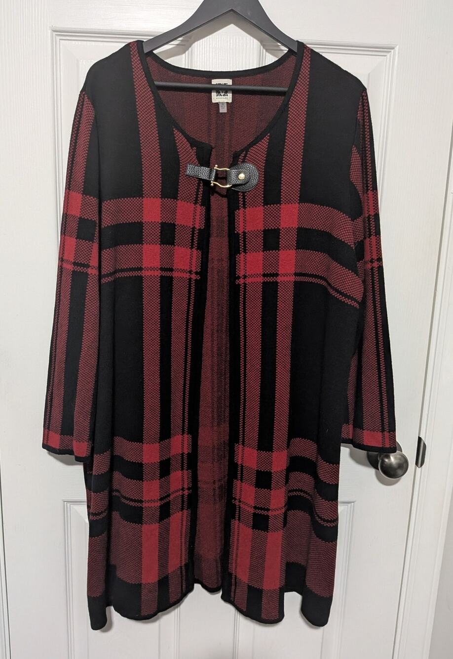 Anne Klein Plaid Longline Cardigan Sweater Red Black Buckle Front Size 3X